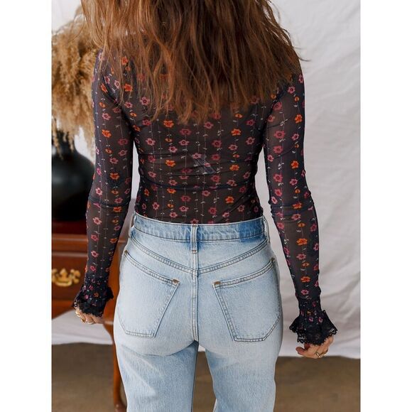 Floral Print Smocked Ruffle Cuff Slim Fit Mesh Bodysuit Sz XL - Picture 3 of 7